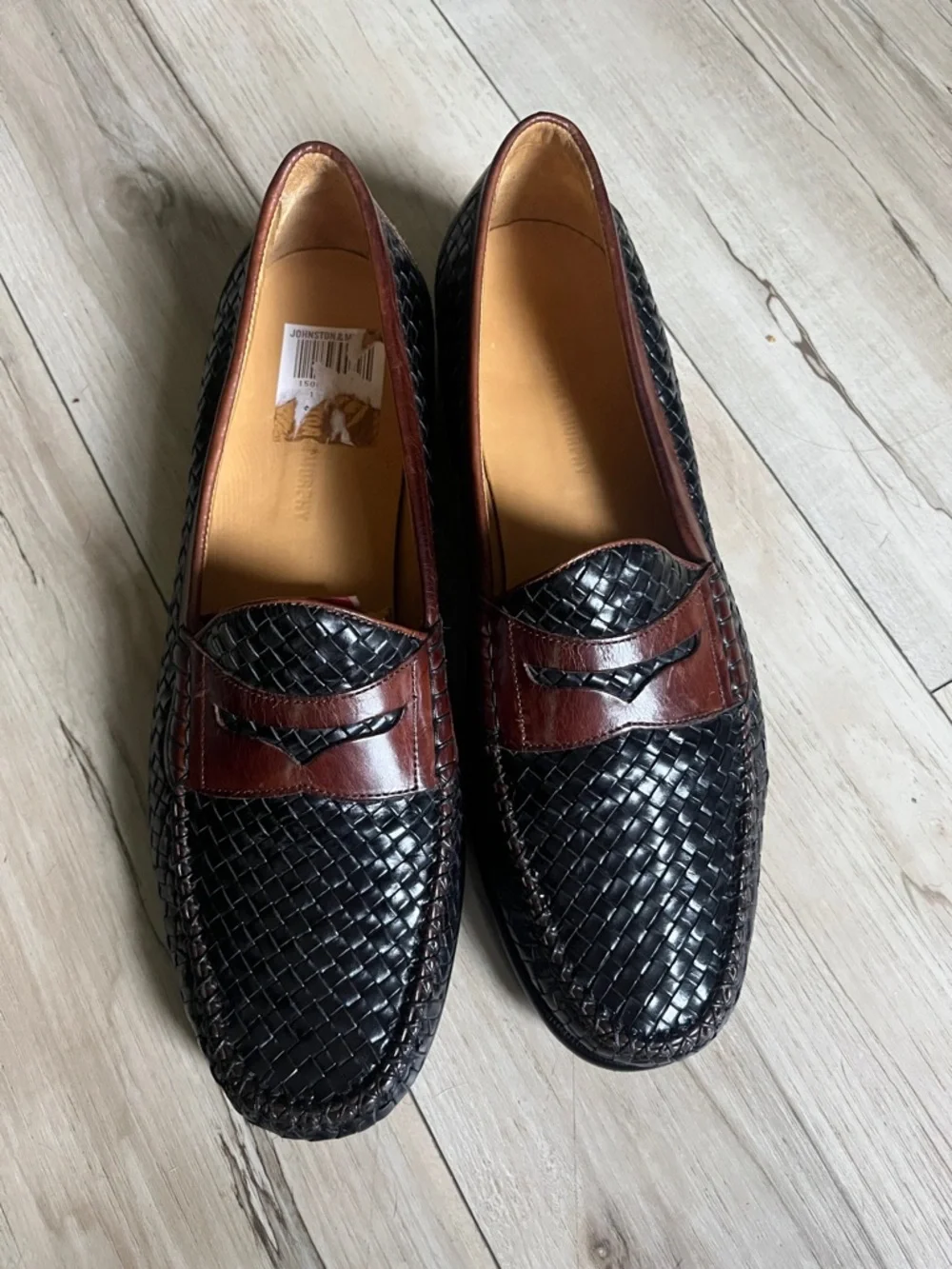 Johnston & Murphy two toned leather penny loafers Men's Black and Brown Woven